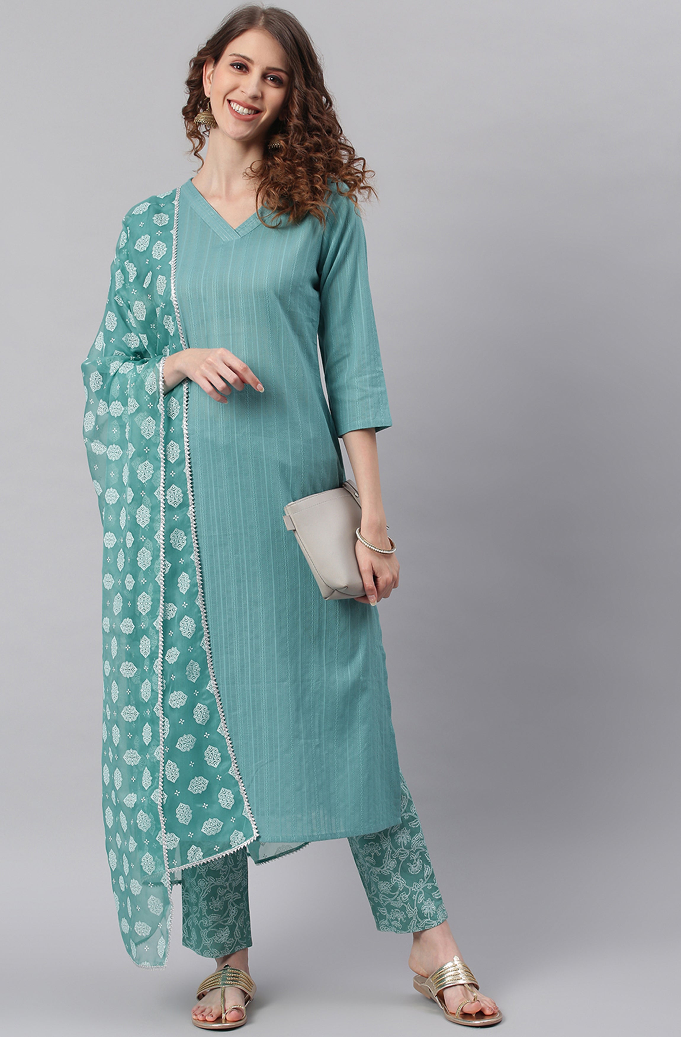 Janasya Women's Turquoise Cotton Striped Kurta With Pant And Dupatta - Distacart