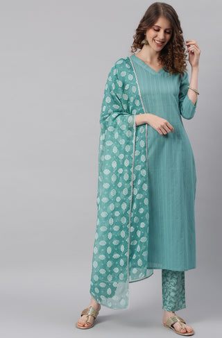 Janasya Women's Turquoise Cotton Striped Kurta With Pant And Dupatta - Distacart