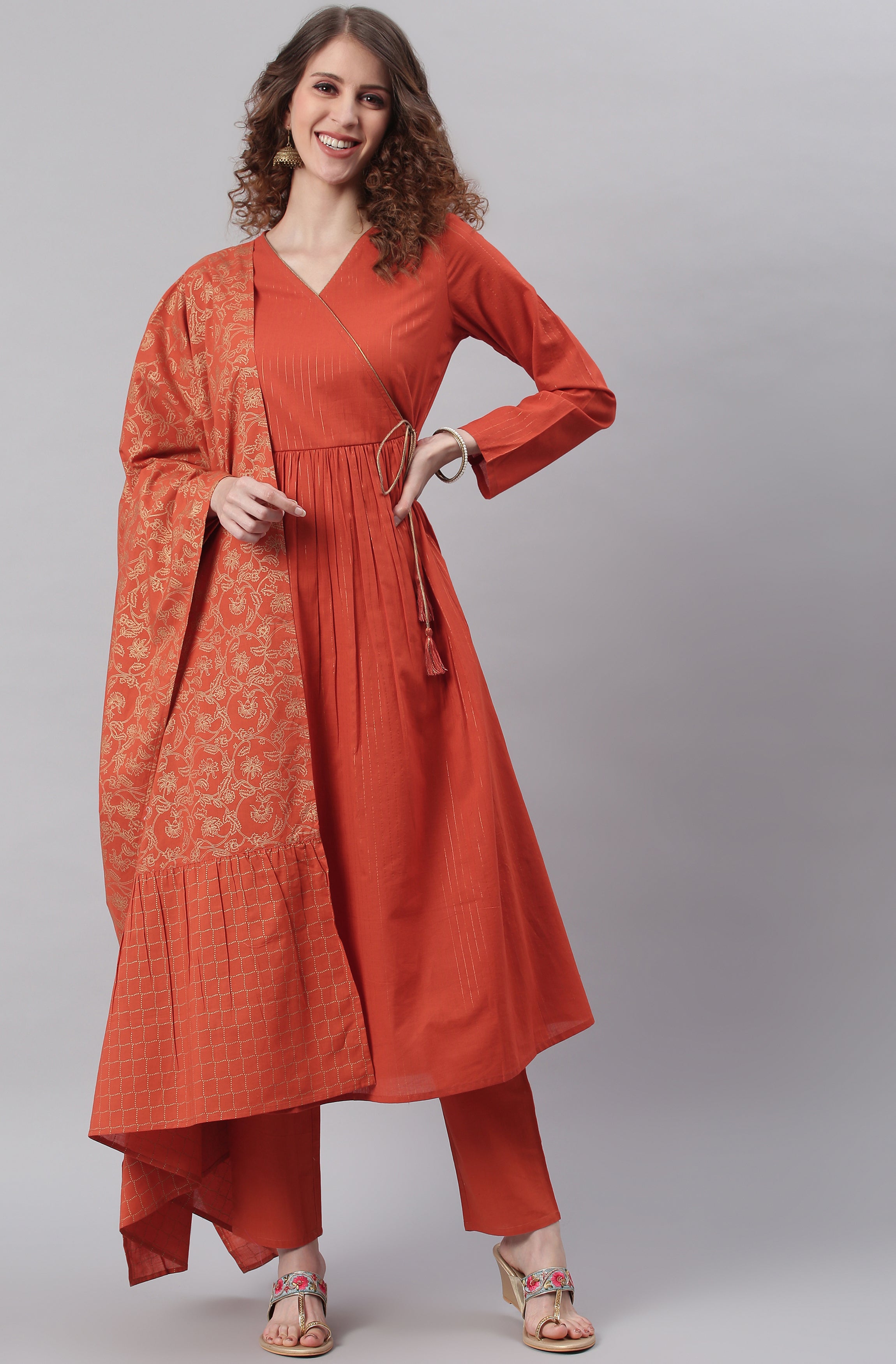 Janasya Women's Orange Cotton Striped Kurta With Pant And Dupatta - Distacart