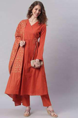 Janasya Women's Orange Cotton Striped Kurta With Pant And Dupatta - Distacart