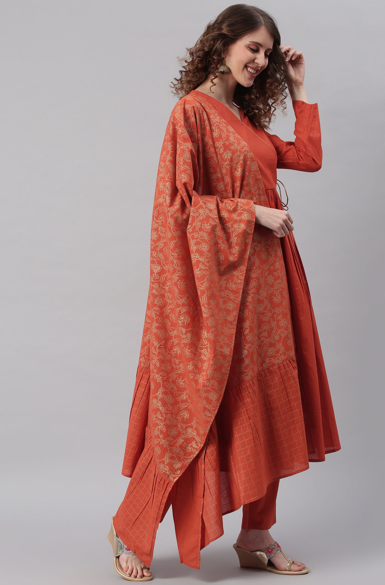 Janasya Women's Orange Cotton Striped Kurta With Pant And Dupatta - Distacart