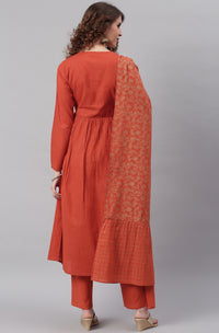 Thumbnail for Janasya Women's Orange Cotton Striped Kurta With Pant And Dupatta - Distacart