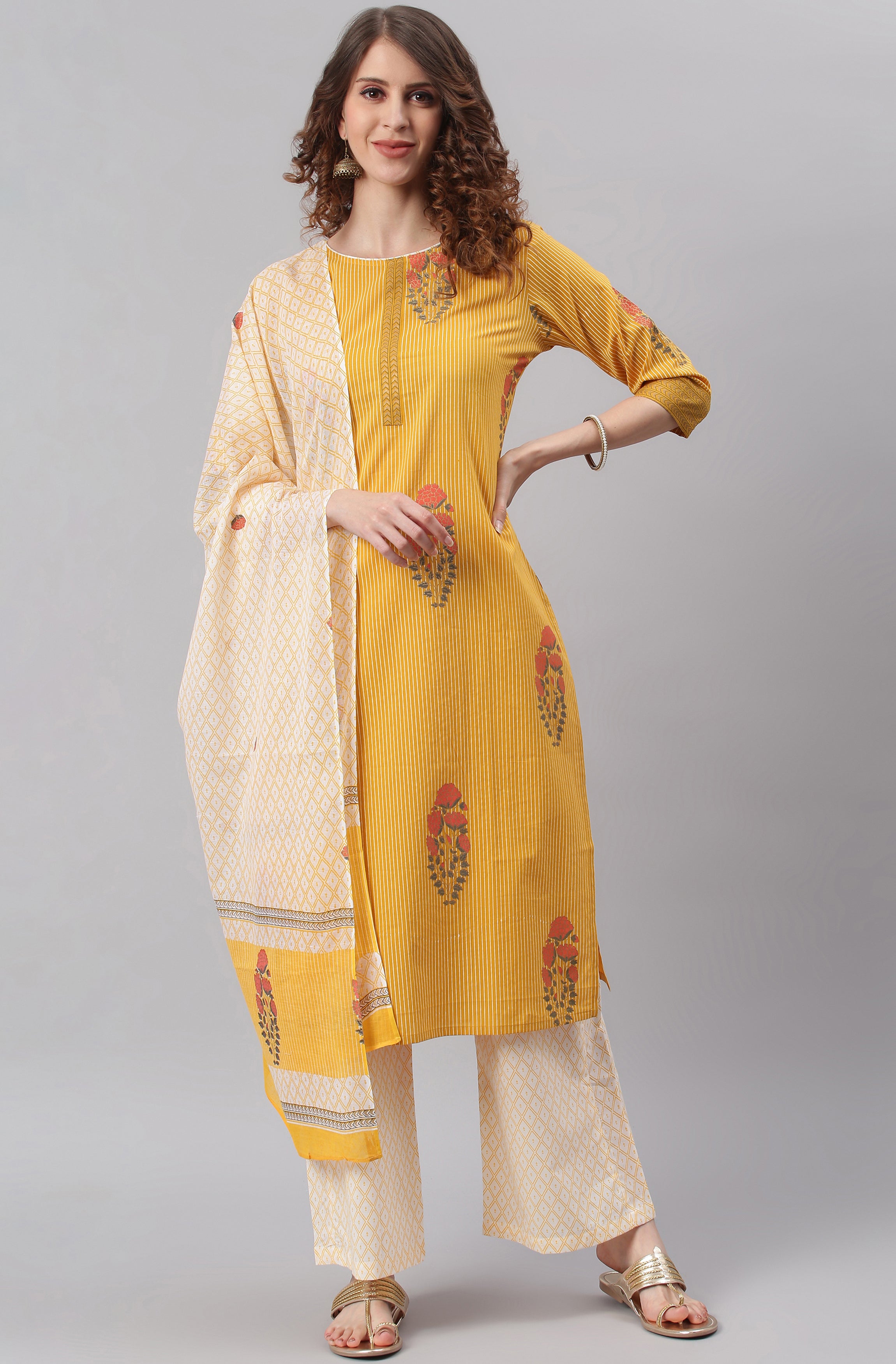 Janasya Women's Yellow Cotton Striped Kurta With Palazzo And Dupatta - Distacart