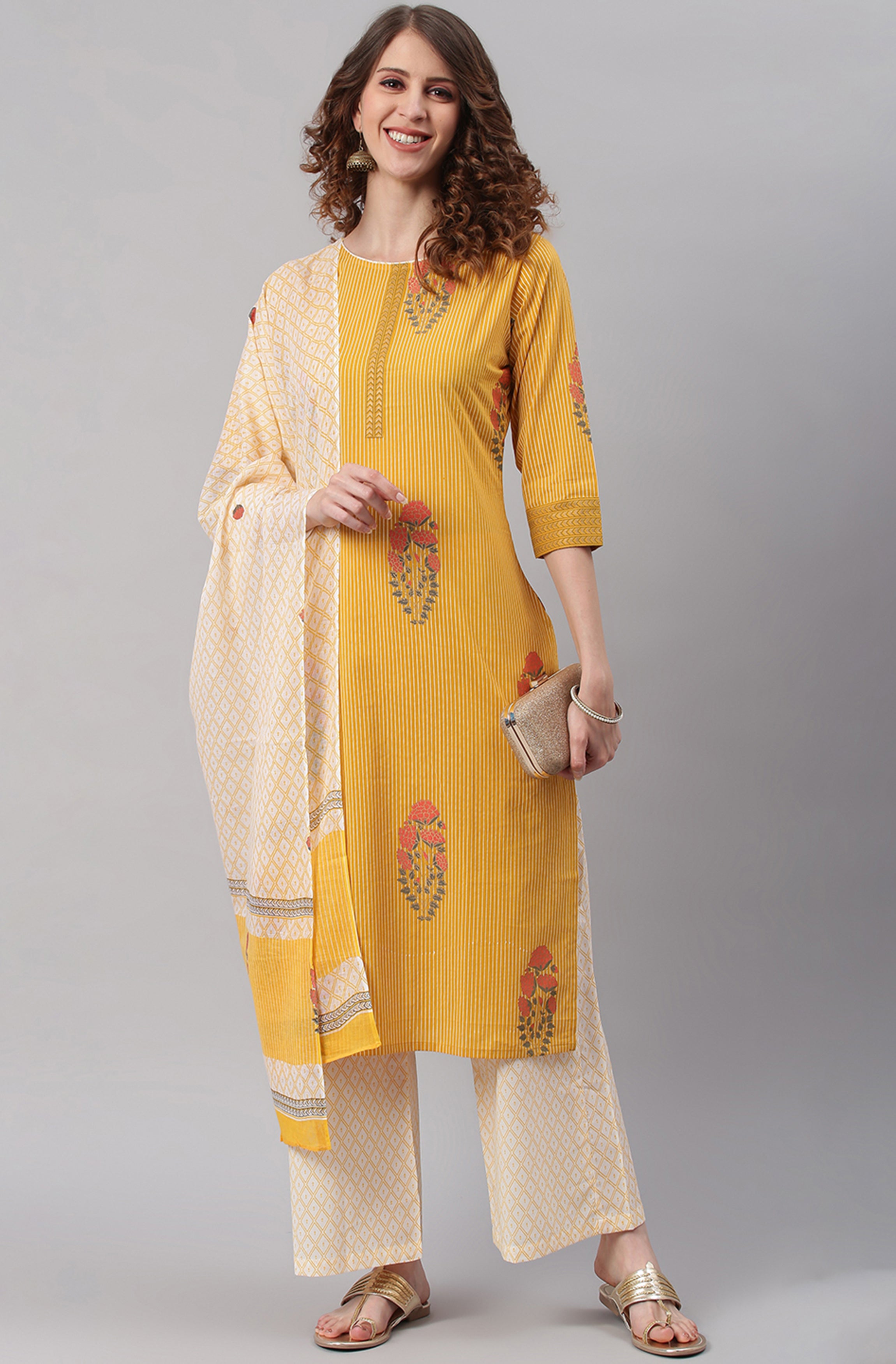 Janasya Women's Yellow Cotton Striped Kurta With Palazzo And Dupatta - Distacart