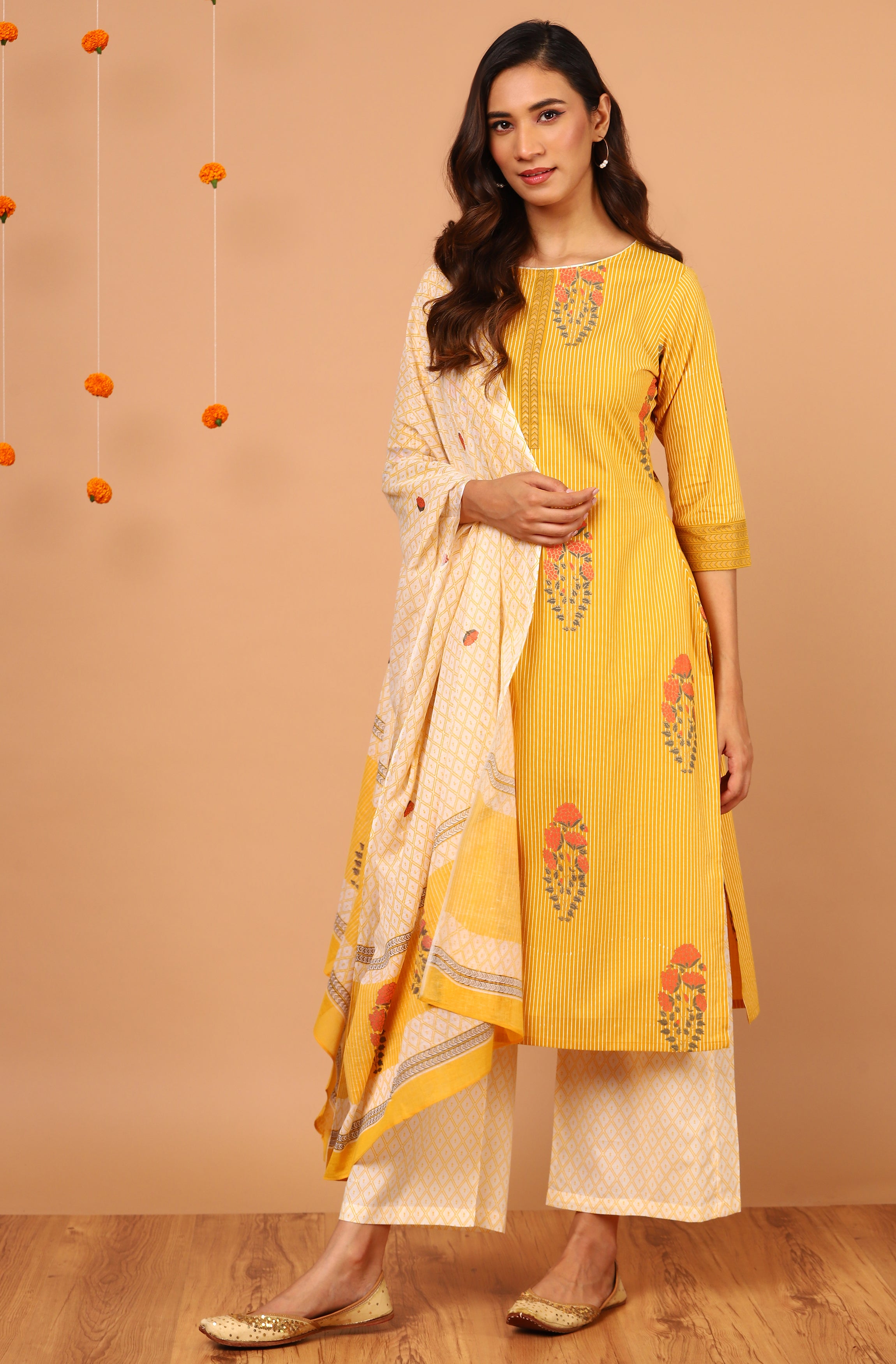 Janasya Women's Yellow Cotton Striped Kurta With Palazzo And Dupatta - Distacart