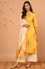 Thumbnail for Janasya Women's Yellow Cotton Striped Kurta With Palazzo And Dupatta - Distacart