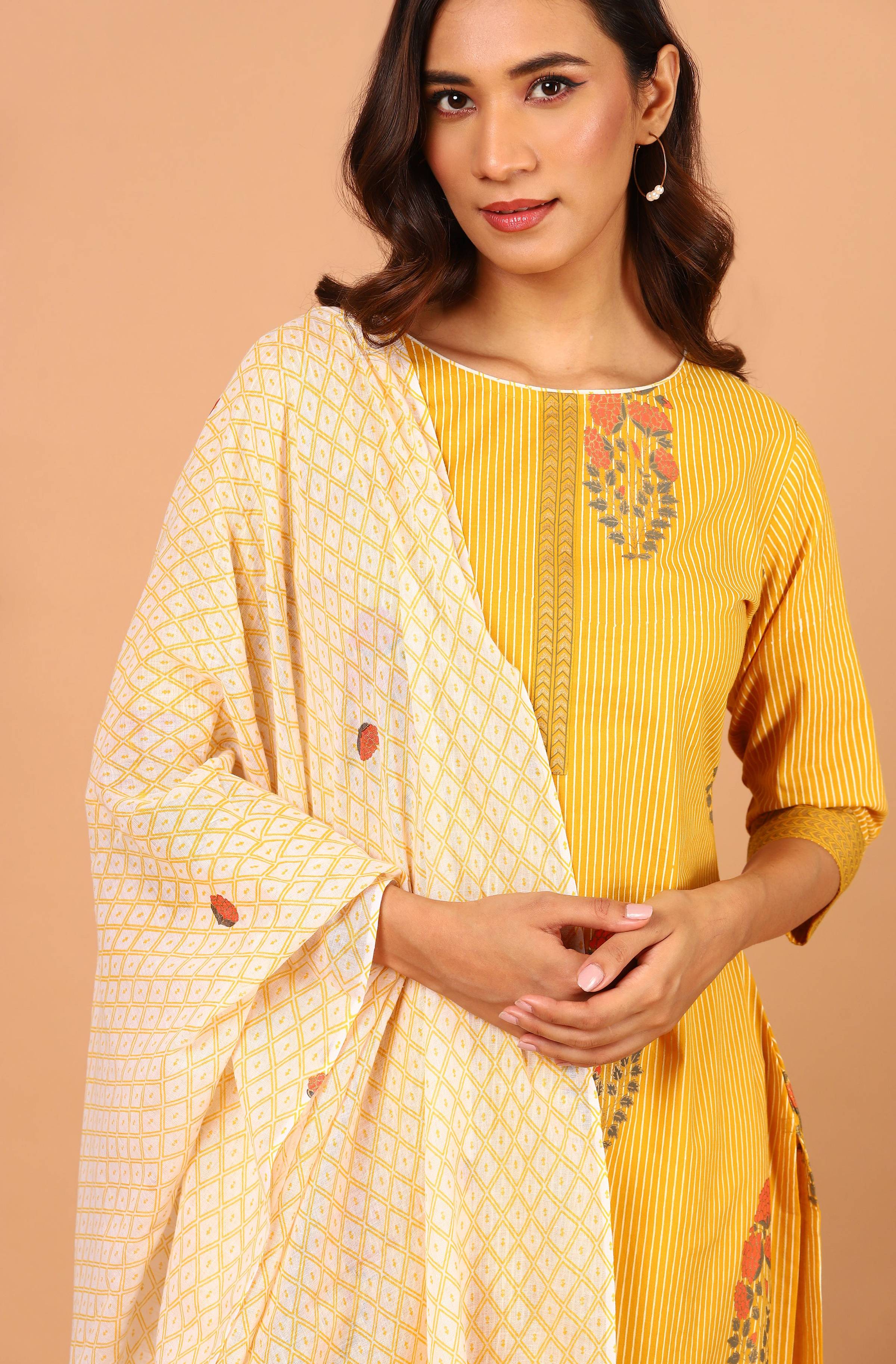 Janasya Women's Yellow Cotton Striped Kurta With Palazzo And Dupatta - Distacart