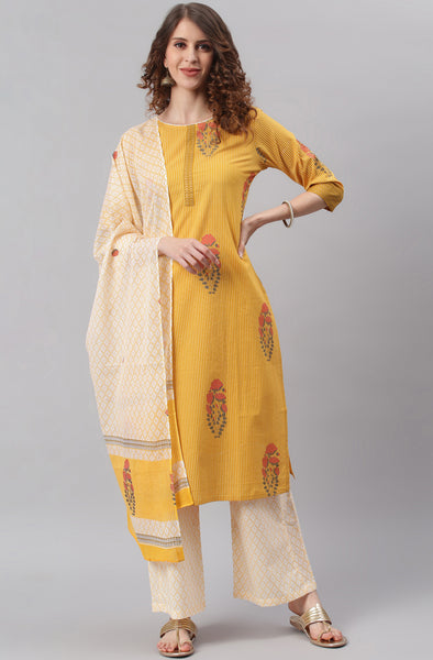 Janasya Women's Yellow Cotton Striped Kurta With Palazzo And Dupatta - Distacart