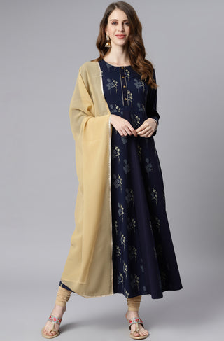 Janasya Women's Navy Blue Poly Crepe Floral Printed Anarkali Casual Kurta Set - Distacart