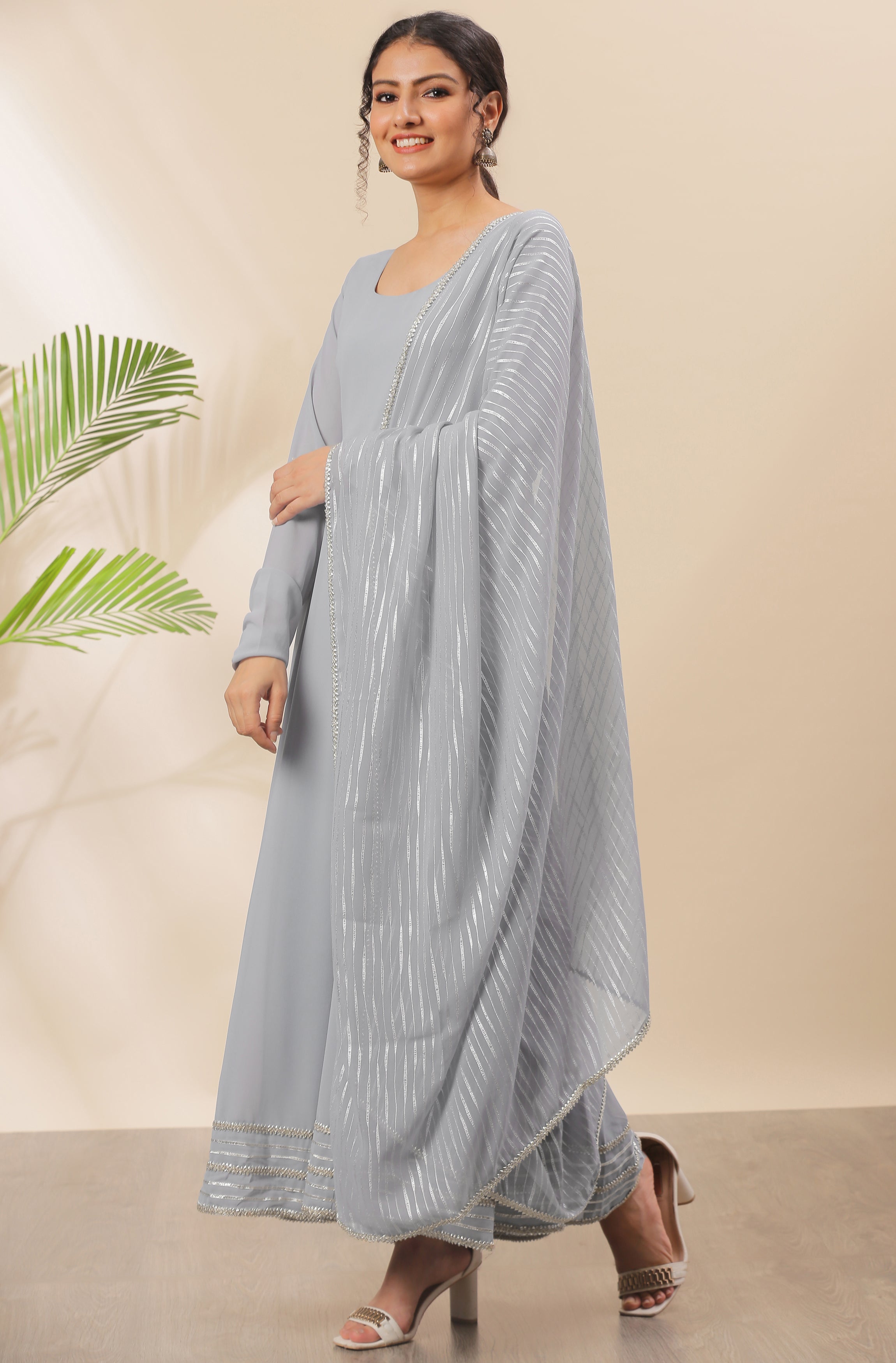 Janasya Women's Grey Poly Georgette Solid Kurta With Dupatta - Distacart