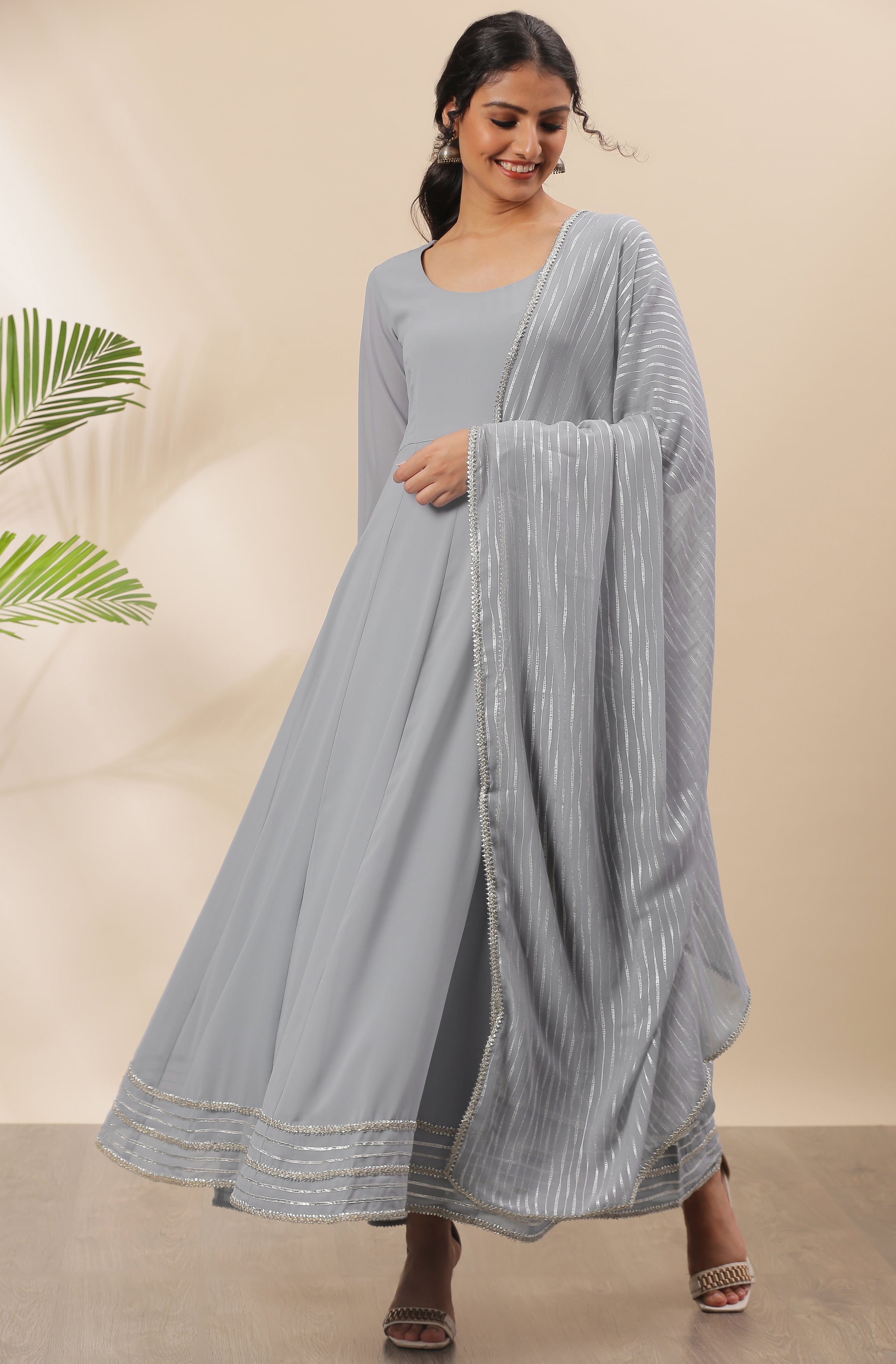 Janasya Women's Grey Poly Georgette Solid Kurta With Dupatta - Distacart