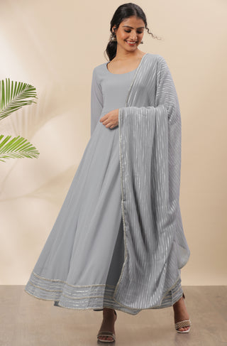 Janasya Women's Grey Poly Georgette Solid Kurta With Dupatta - Distacart