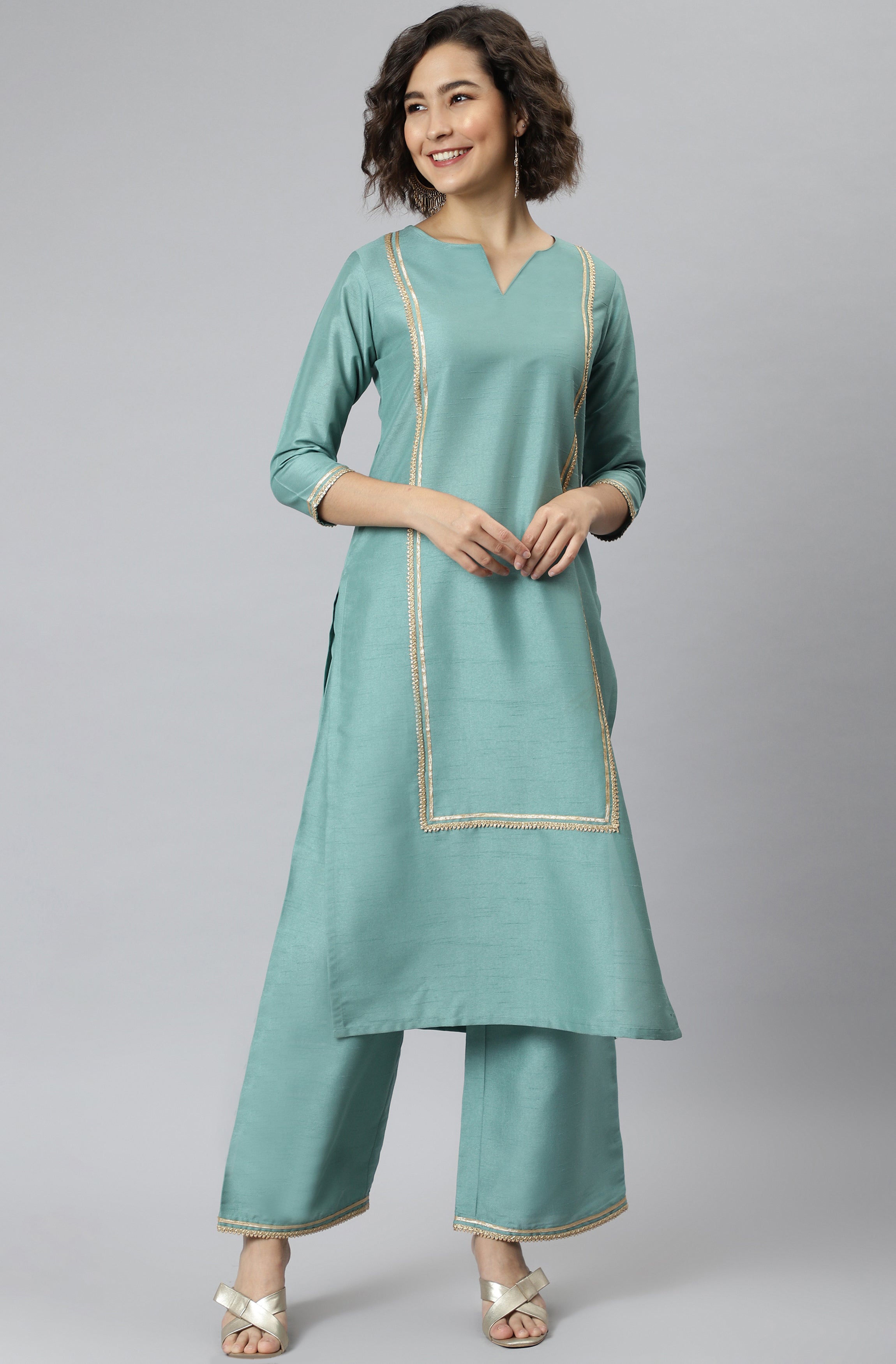 Janasya Women's Green Poly Silk Solid Straight Festive Kurta Set - Distacart