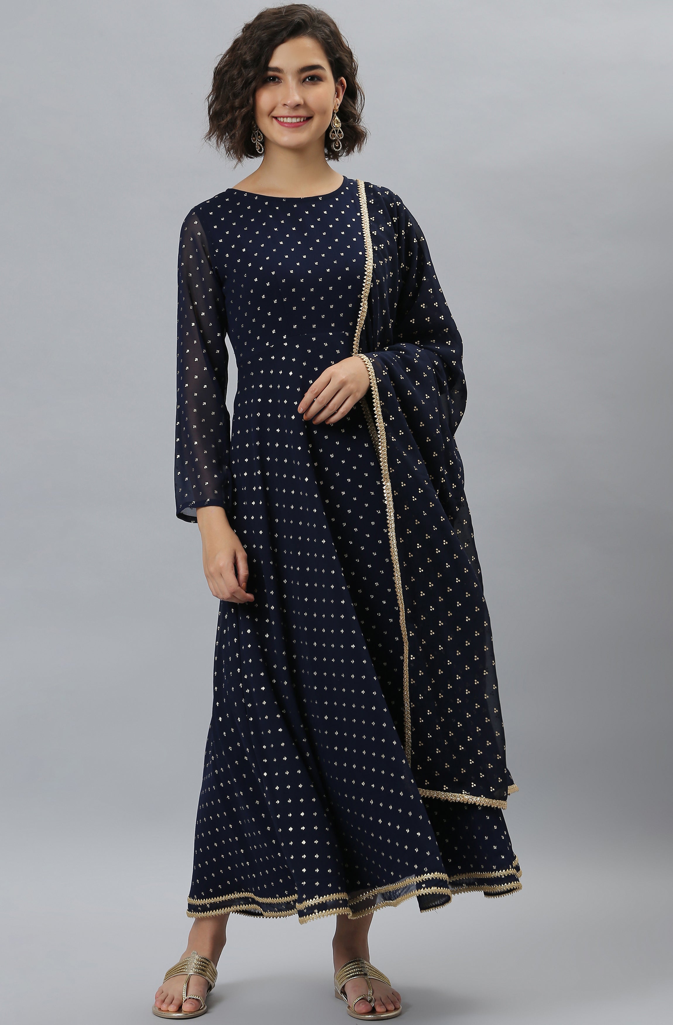 Janasya Women's Navy Blue Poly Georgette Foil Print Kurta With Dupatta - Distacart