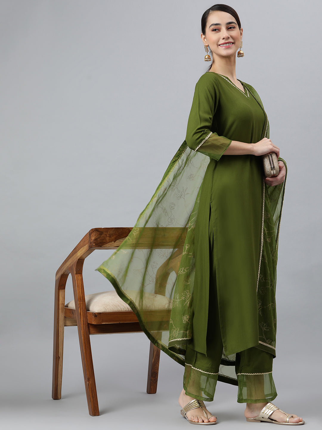 Janasya Women's Olive Green Rayon Solid Kurta With Palazzo And Dupatta - Distacart