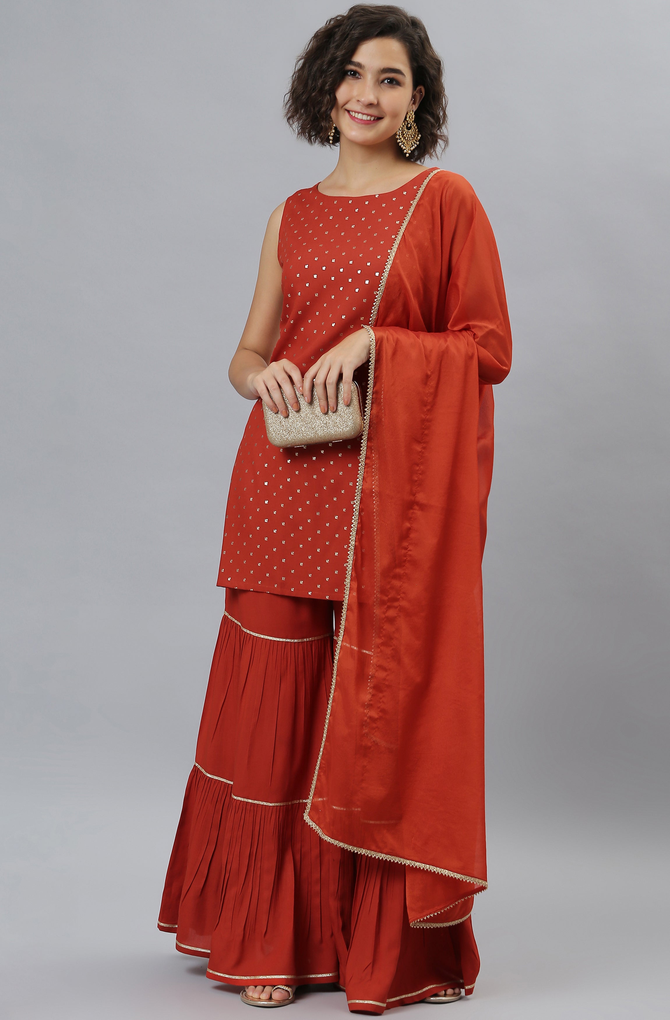 Janasya Women's Orange Rayon Foil Print Kurti With Sharara And Dupatta - Distacart