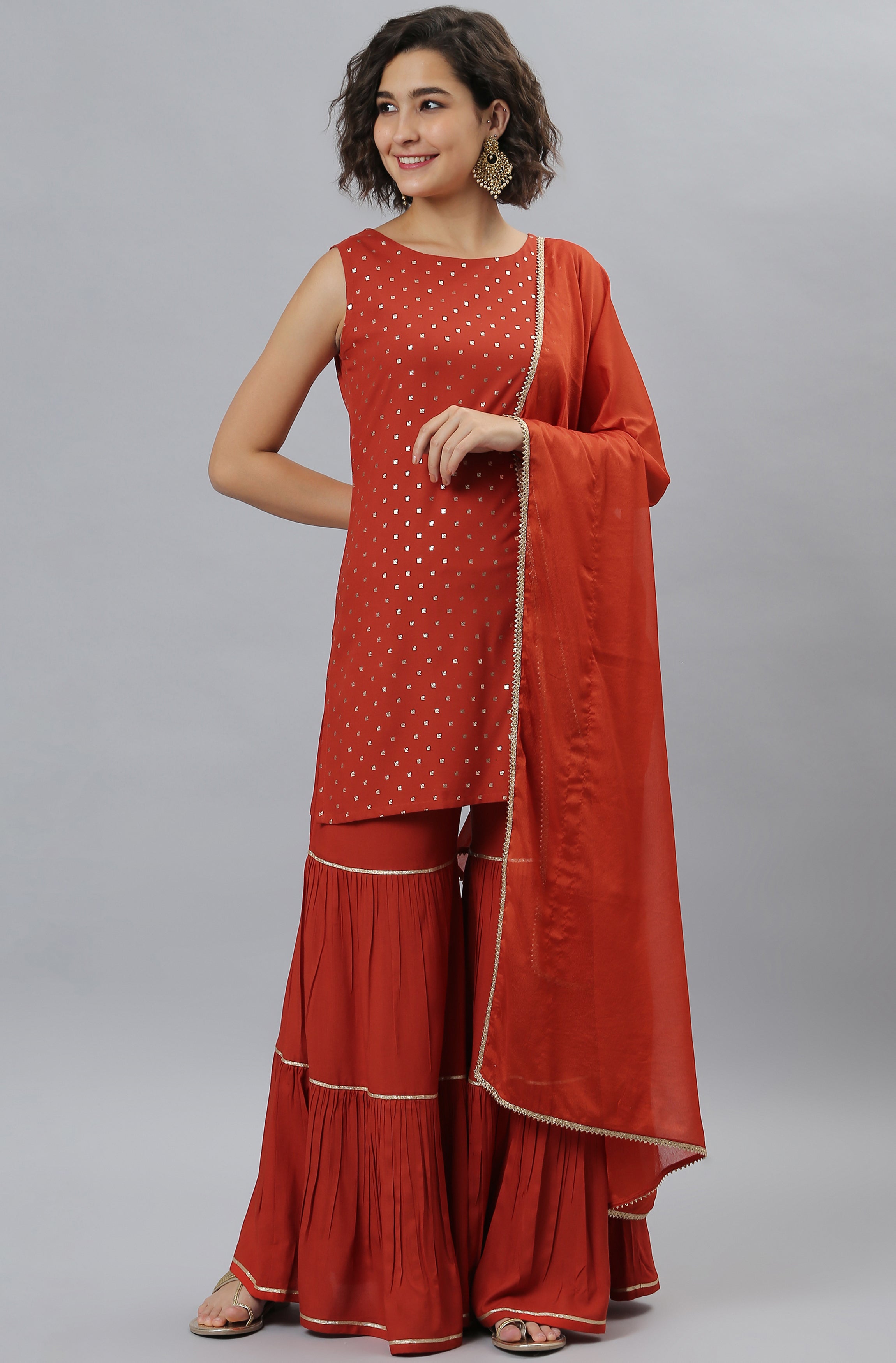 Janasya Women's Orange Rayon Foil Print Kurti With Sharara And Dupatta - Distacart