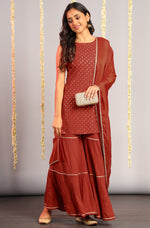 Thumbnail for Janasya Women's Orange Rayon Foil Print Kurti With Sharara And Dupatta - Distacart