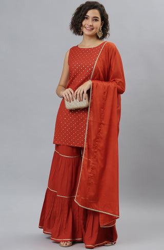 Janasya Women's Orange Rayon Foil Print Kurti With Sharara And Dupatta - Distacart