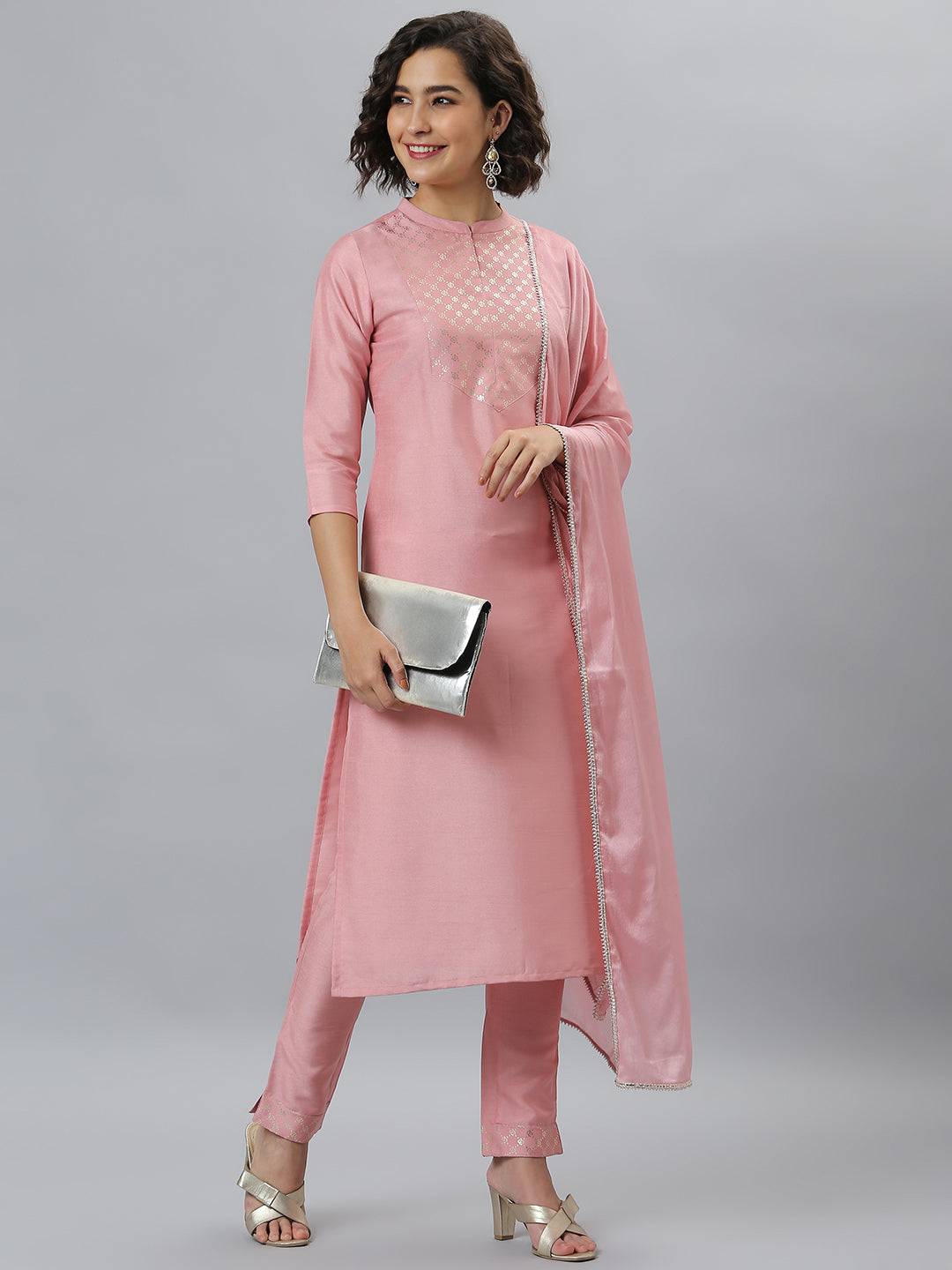 Janasya Women's Pink Poly Silk Floral Printed Straight Party Kurta Set - Distacart