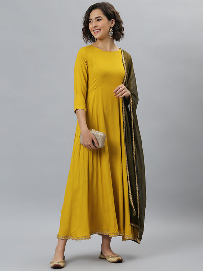 Janasya Women's Mustard Rayon Solid Flared Casual Kurta Set - Distacart