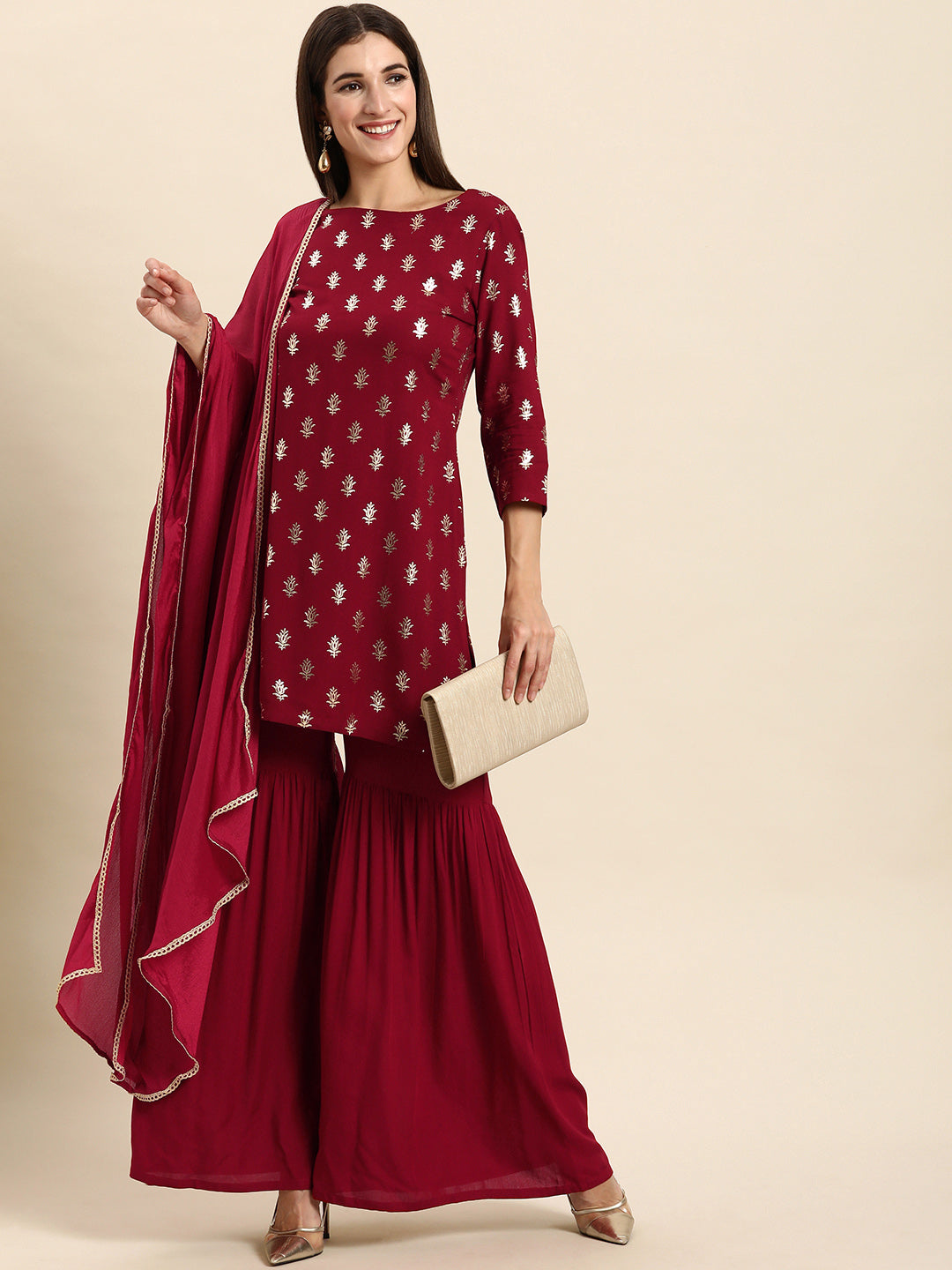 Janasya Women's Maroon Rayon Floral Print Kurti With Sharara And Dupatta - Distacart