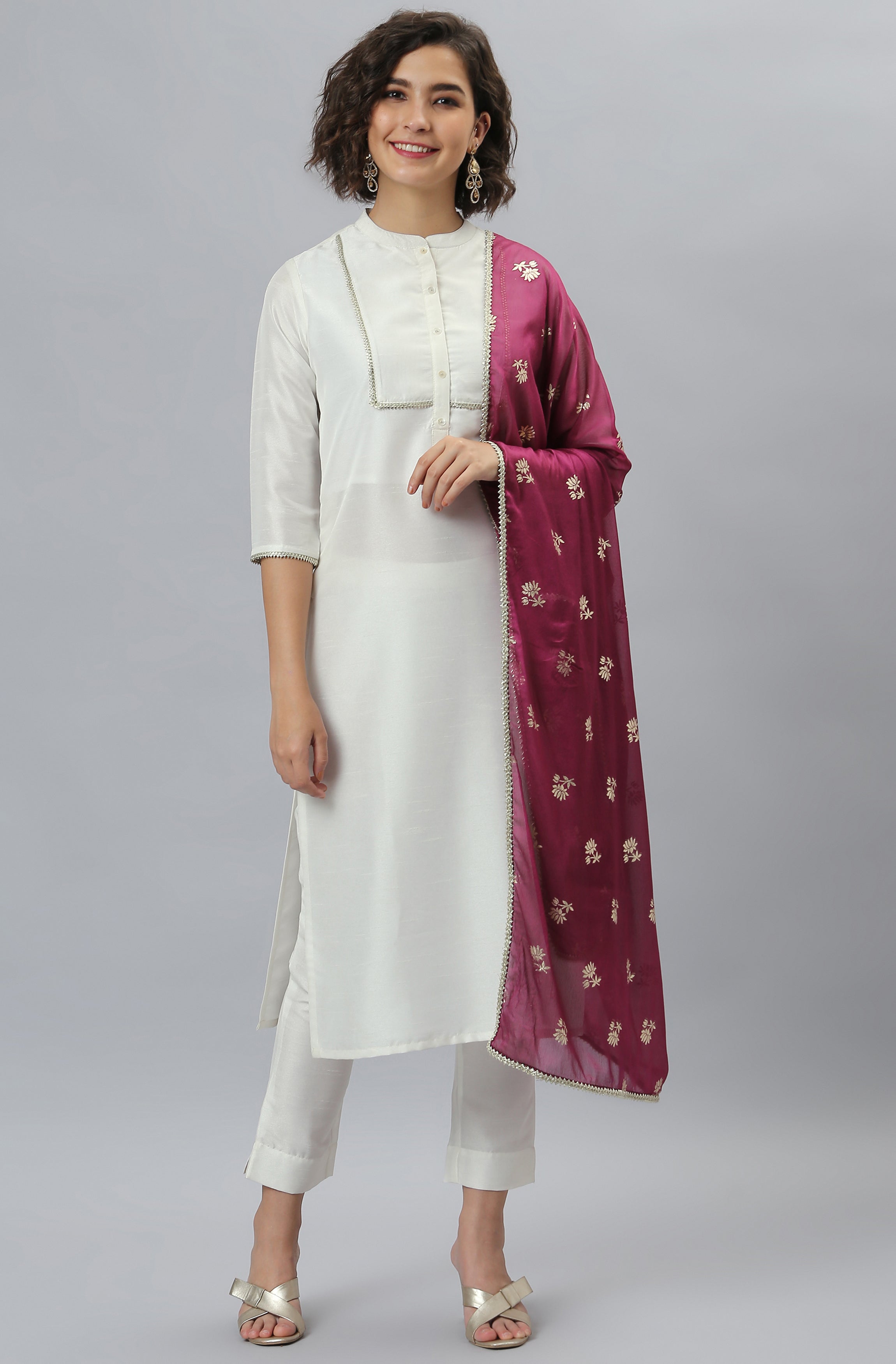 Janasya Women's White Poly Silk Solid Kurta With Pant And Dupatta - Distacart