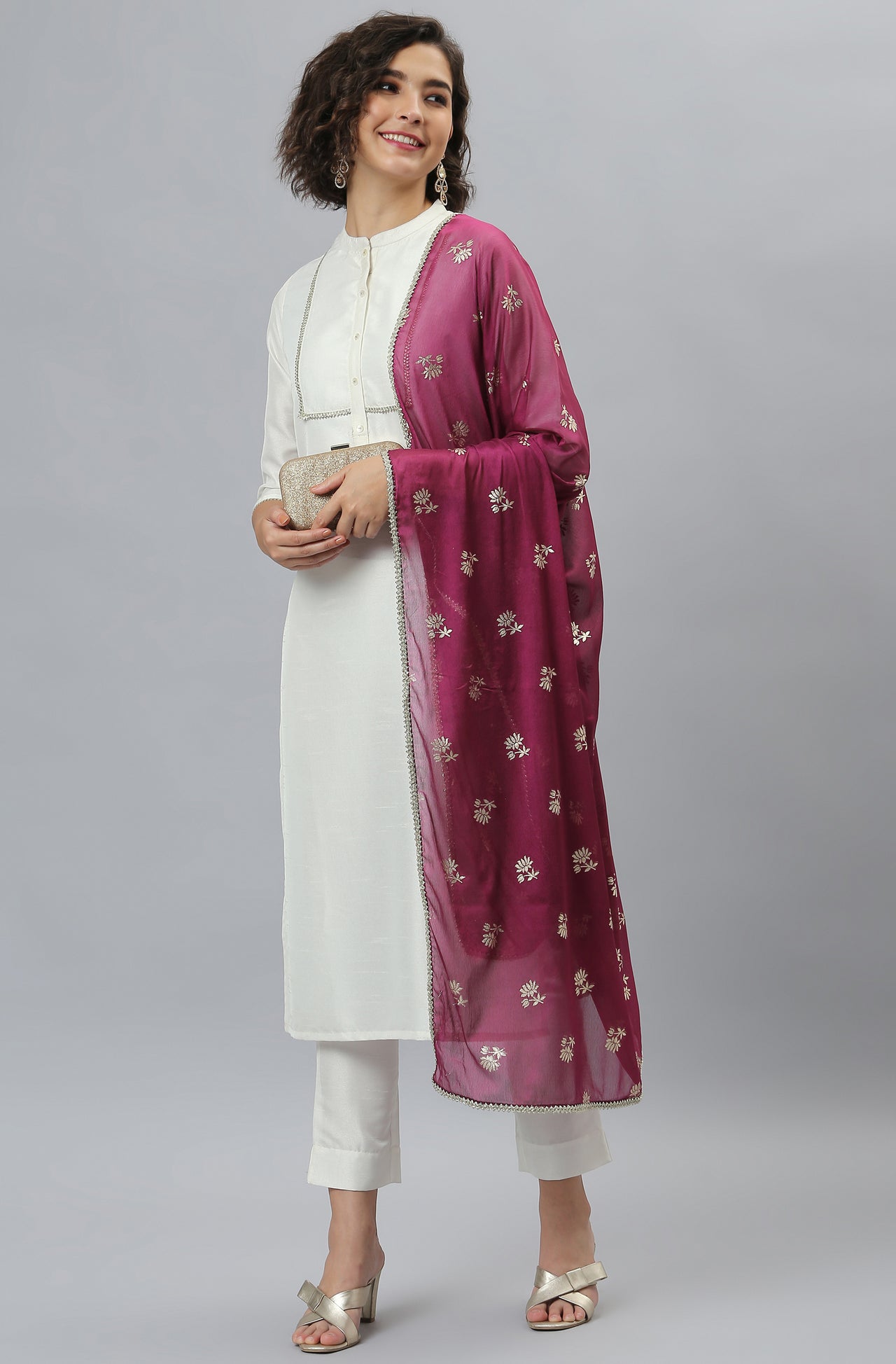 Janasya Women's White Poly Silk Solid Kurta With Pant And Dupatta - Distacart