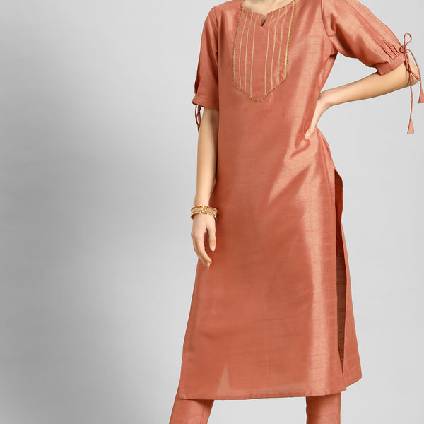 Janasya Women's Peach Poly Silk Embellished Straight Festive Kurta Set - Distacart