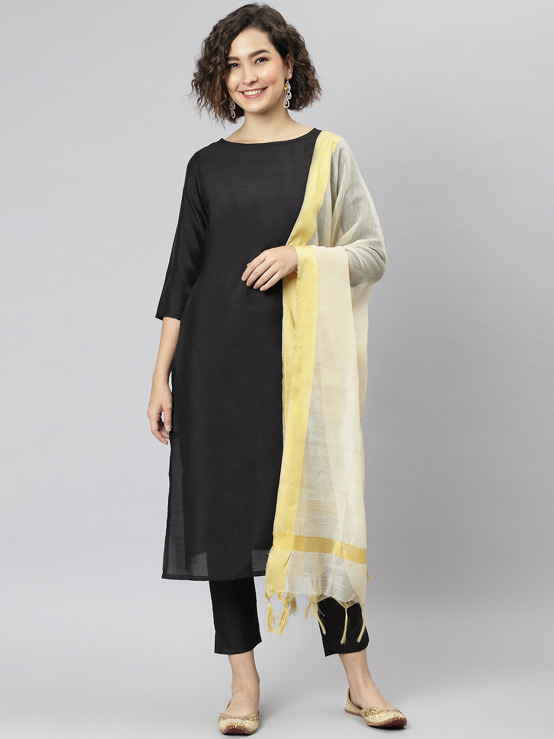 Janasya Women's Black Poly Silk Solid Straight Casual Kurta Set - Distacart