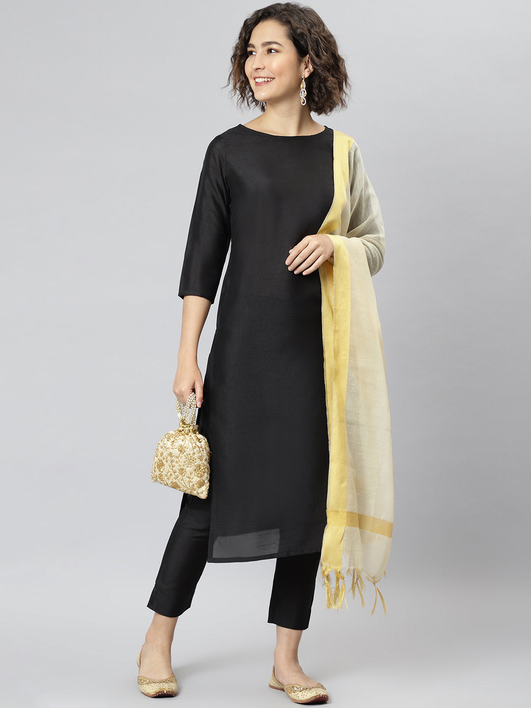 Janasya Women's Black Poly Silk Solid Straight Casual Kurta Set - Distacart