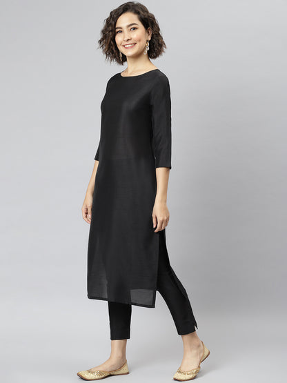 Janasya Women's Black Poly Silk Solid Straight Casual Kurta Set - Distacart