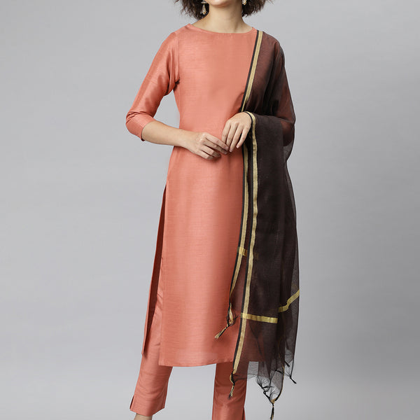 Janasya Women's Peach Poly Silk Solid Straight Casual Kurta Set - Distacart