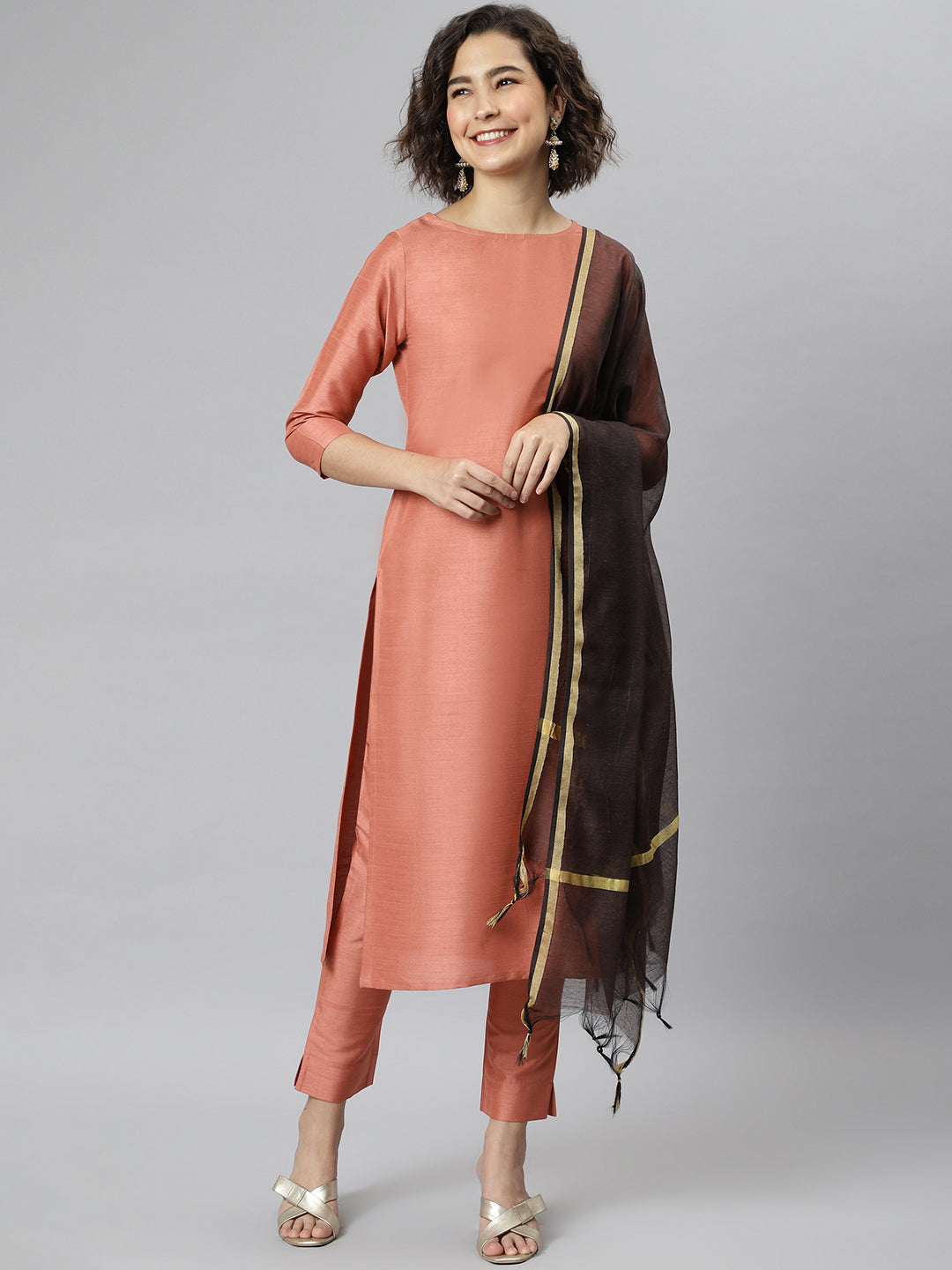 Janasya Women's Peach Poly Silk Solid Straight Casual Kurta Set - Distacart