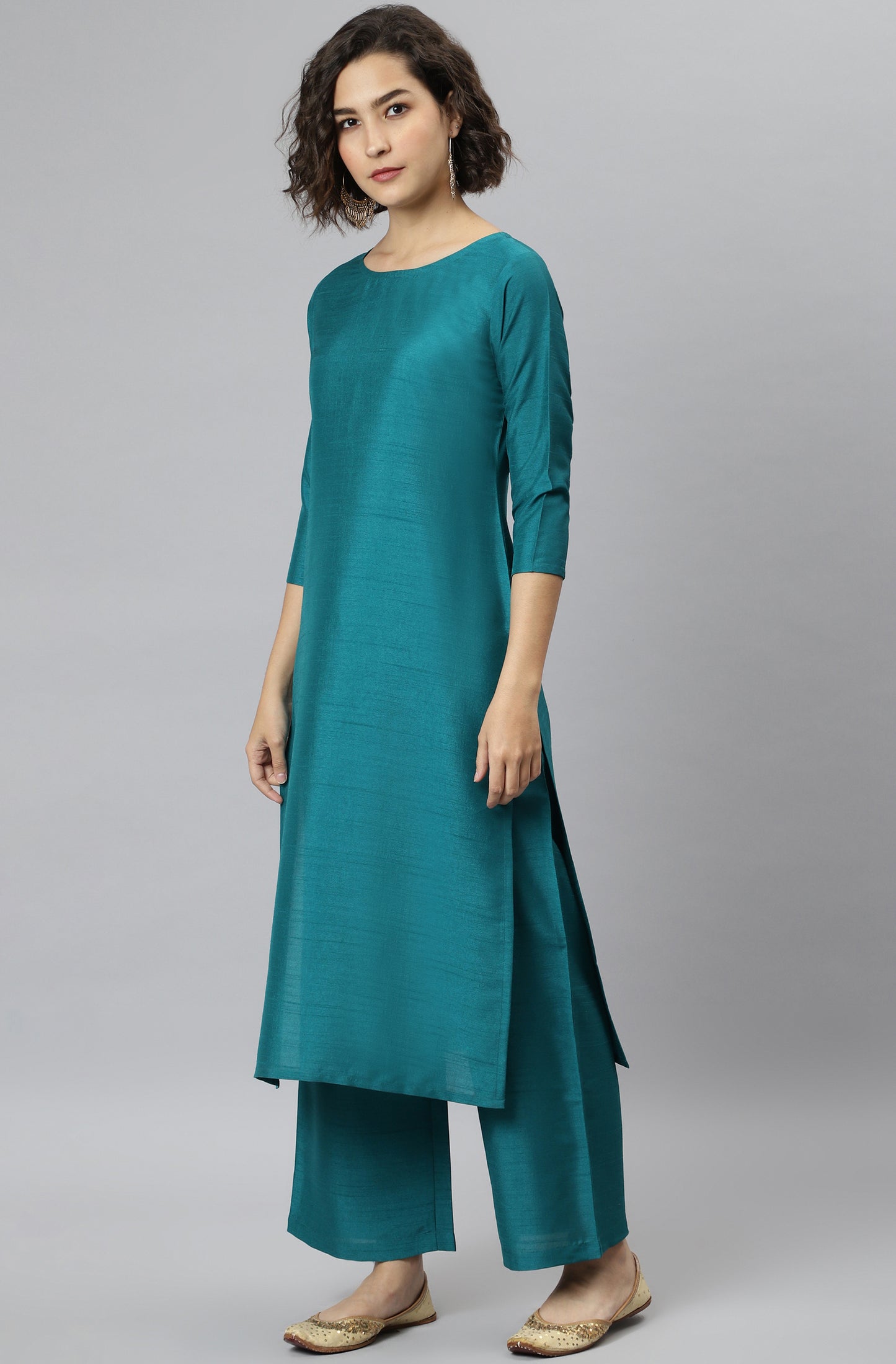 Janasya Women's Teal Poly Silk Solid Straight Casual Kurta Set - Distacart