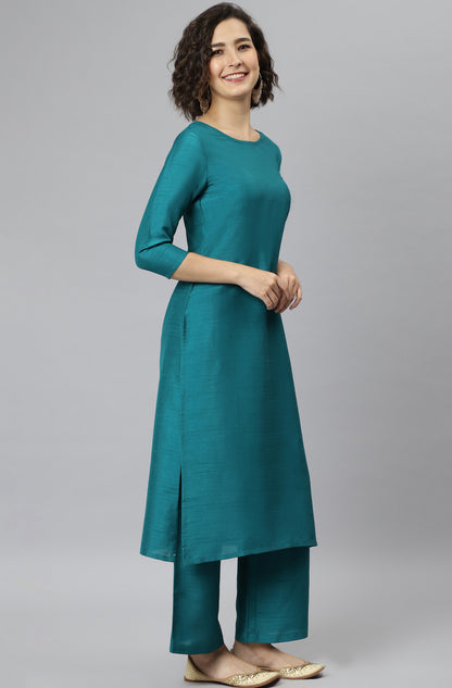 Janasya Women's Teal Poly Silk Solid Straight Casual Kurta Set - Distacart