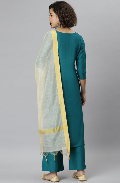Janasya Women's Teal Poly Silk Solid Straight Casual Kurta Set - Distacart