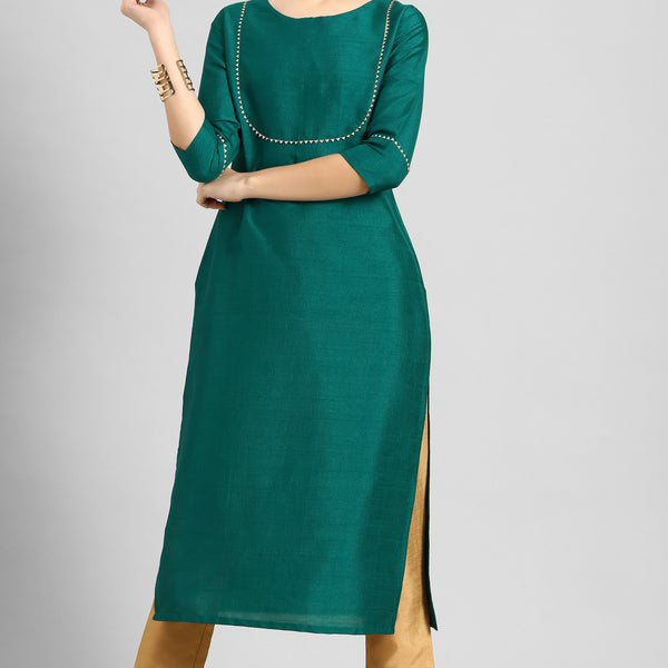 Janasya Women's Green Poly Silk Solid Straight Casual Kurta Set - Distacart