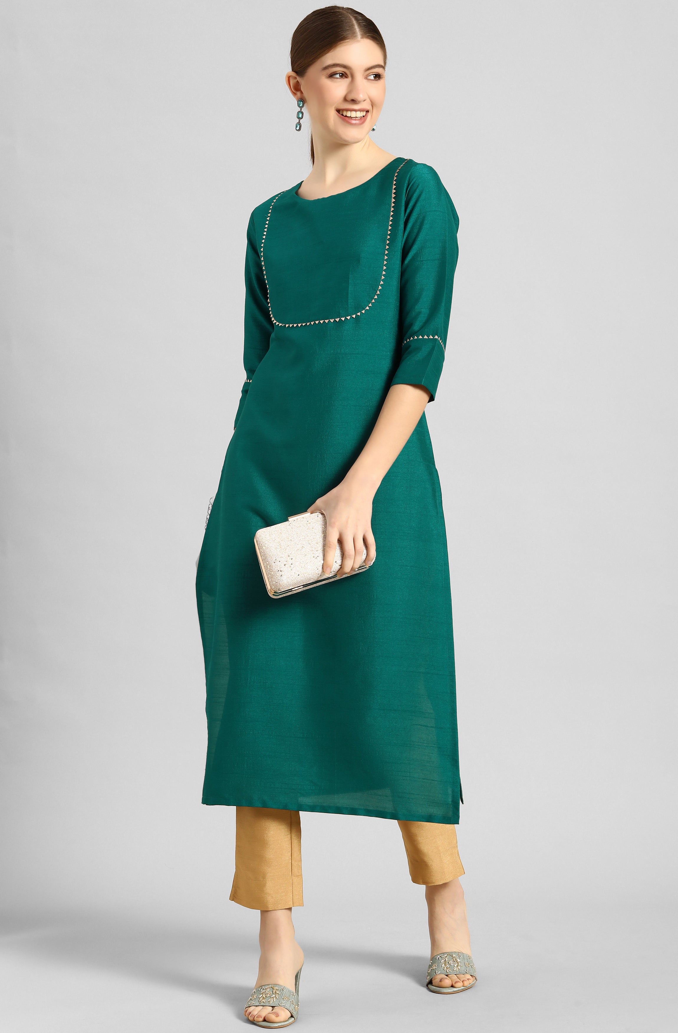 Janasya Women's Green Poly Silk Solid Straight Casual Kurta Set - Distacart