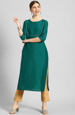 Janasya Women's Green Poly Silk Solid Straight Casual Kurta Set - Distacart