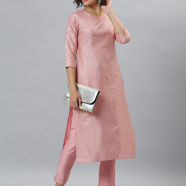 Janasya Women's Pink Poly Silk Floral Printed Straight Party Kurta Set - Distacart