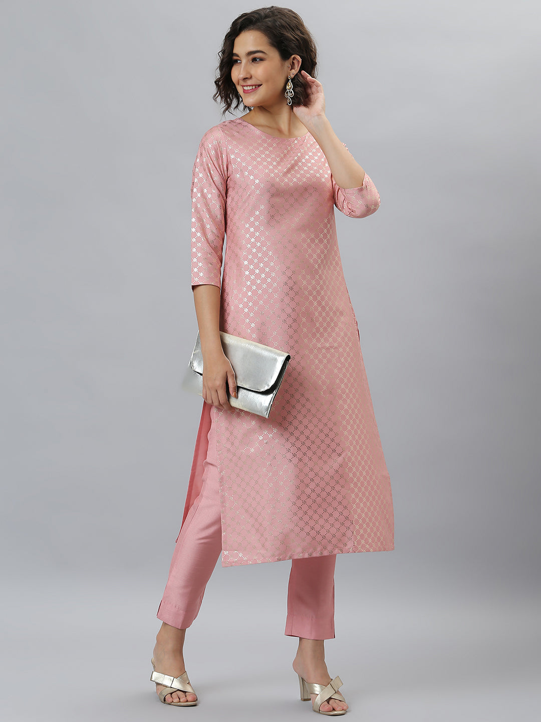 Janasya Women's Pink Poly Silk Floral Printed Straight Party Kurta Set - Distacart