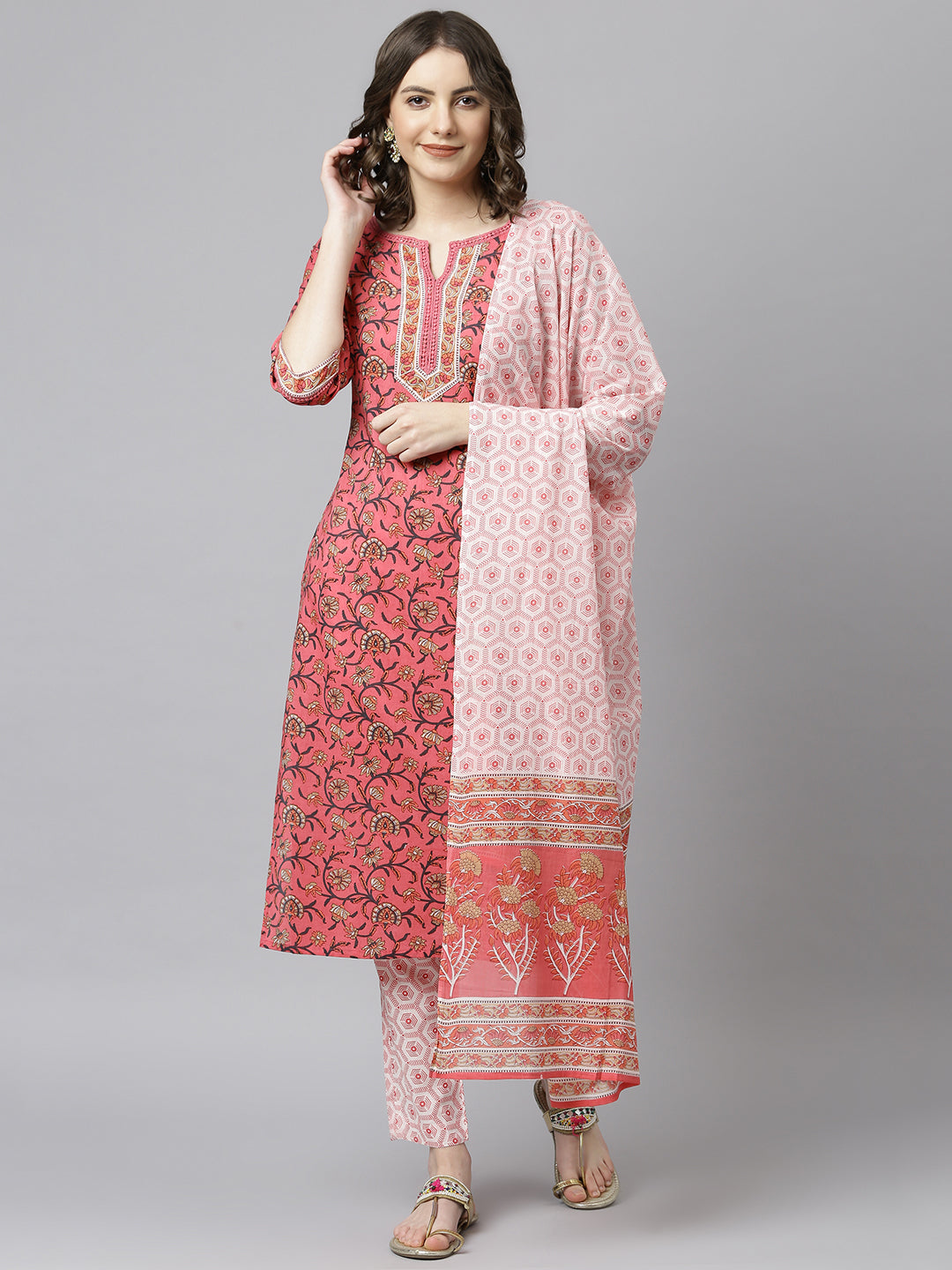 Janasya Women's Pink Cotton Floral Print Kurta With Pant And Dupatta - Distacart