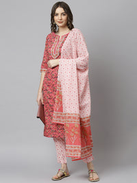 Thumbnail for Janasya Women's Pink Cotton Floral Print Kurta With Pant And Dupatta - Distacart