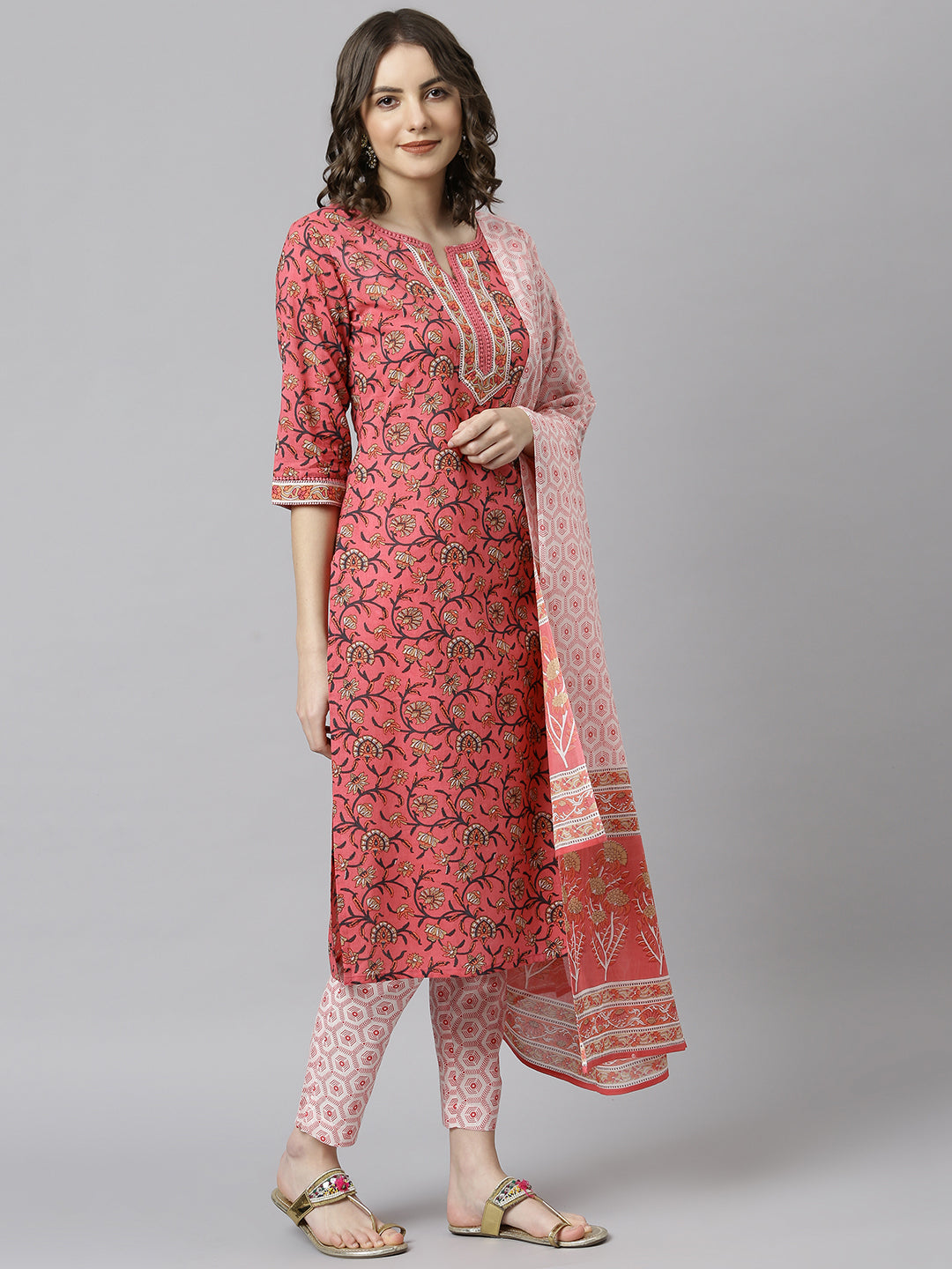 Janasya Women's Pink Cotton Floral Print Kurta With Pant And Dupatta - Distacart