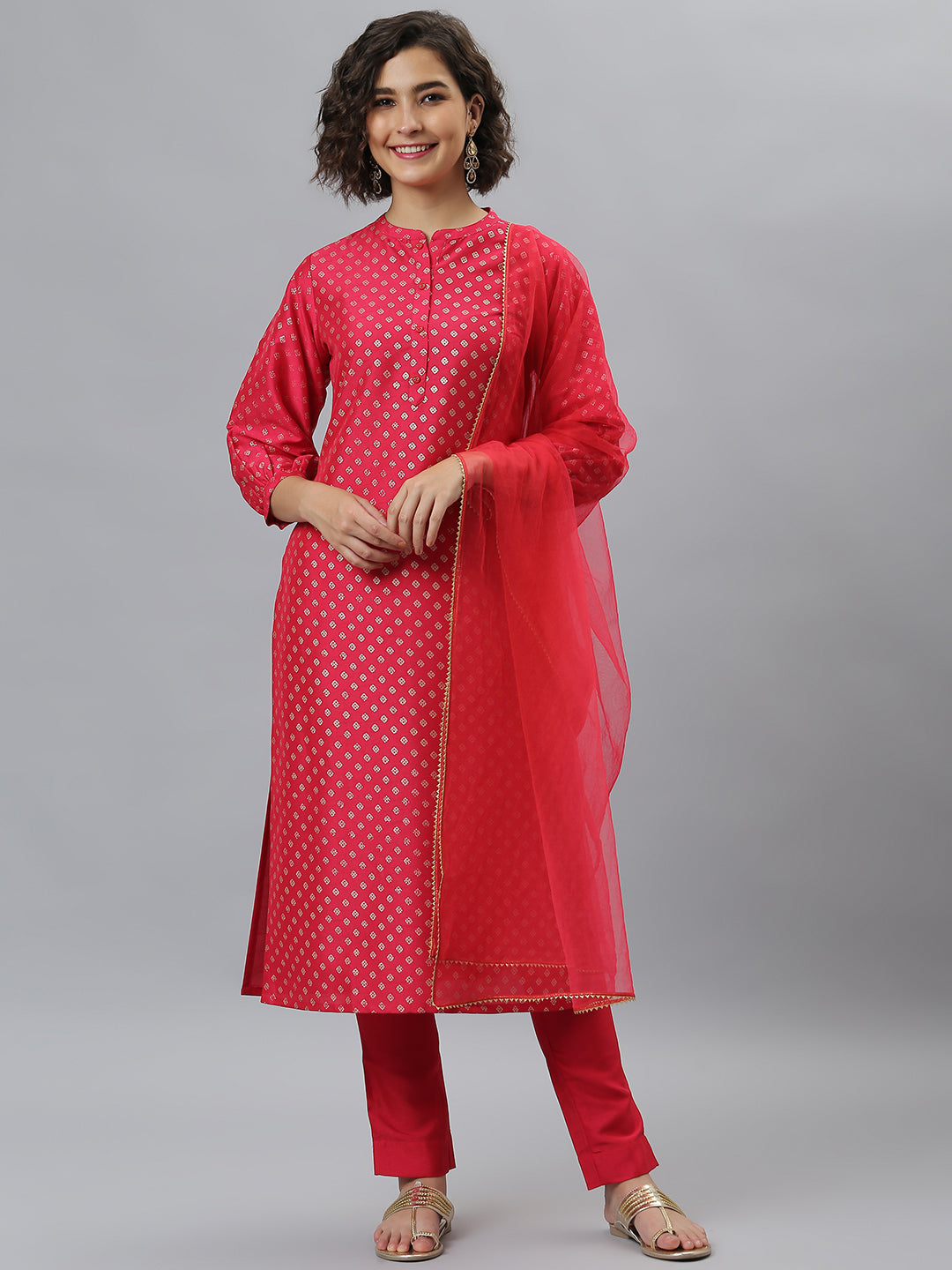 Janasya Women's Pink Poly Silk Floral Printed Straight Festive Kurta Set - Distacart