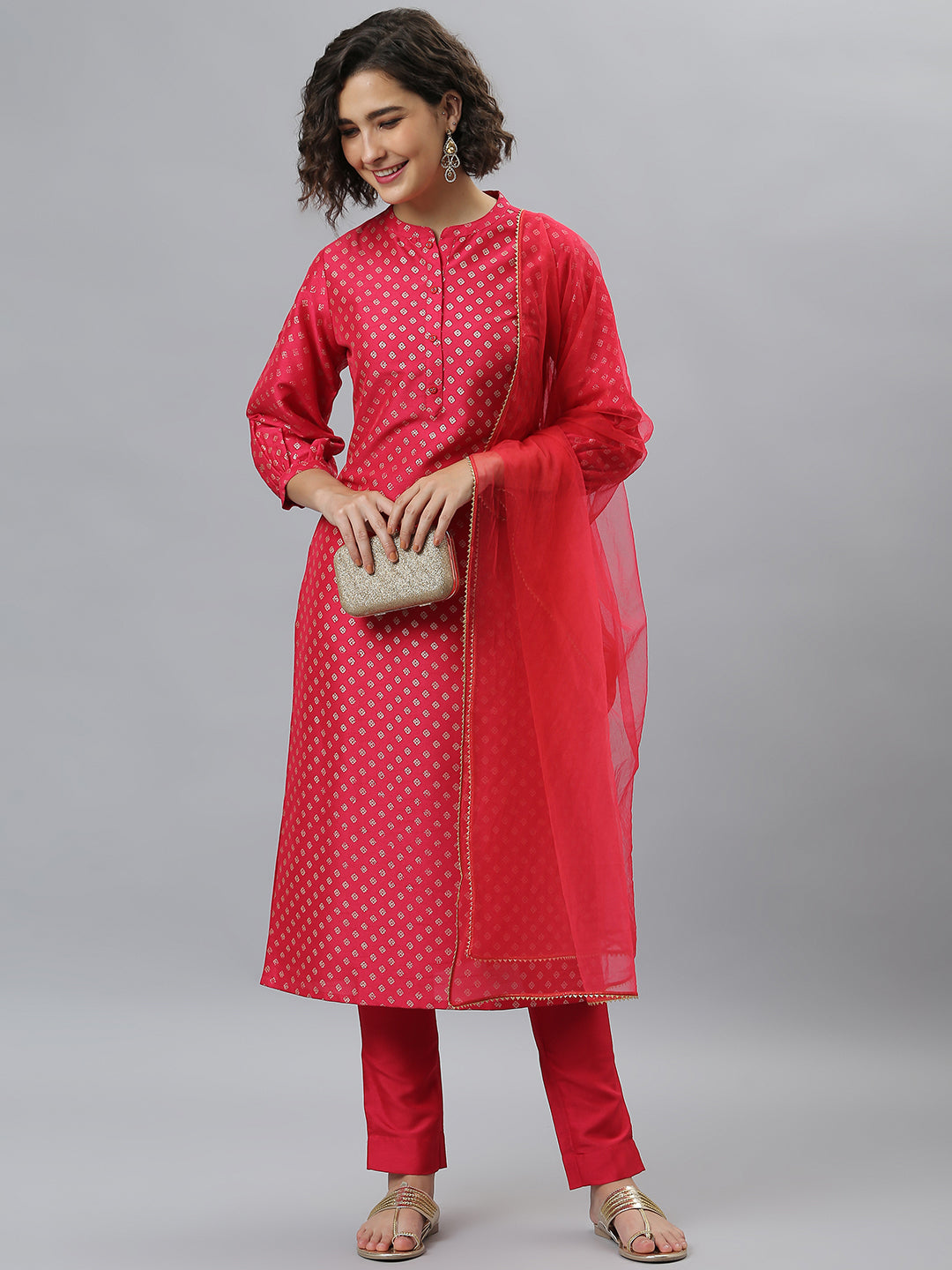 Janasya Women's Pink Poly Silk Floral Printed Straight Festive Kurta Set - Distacart