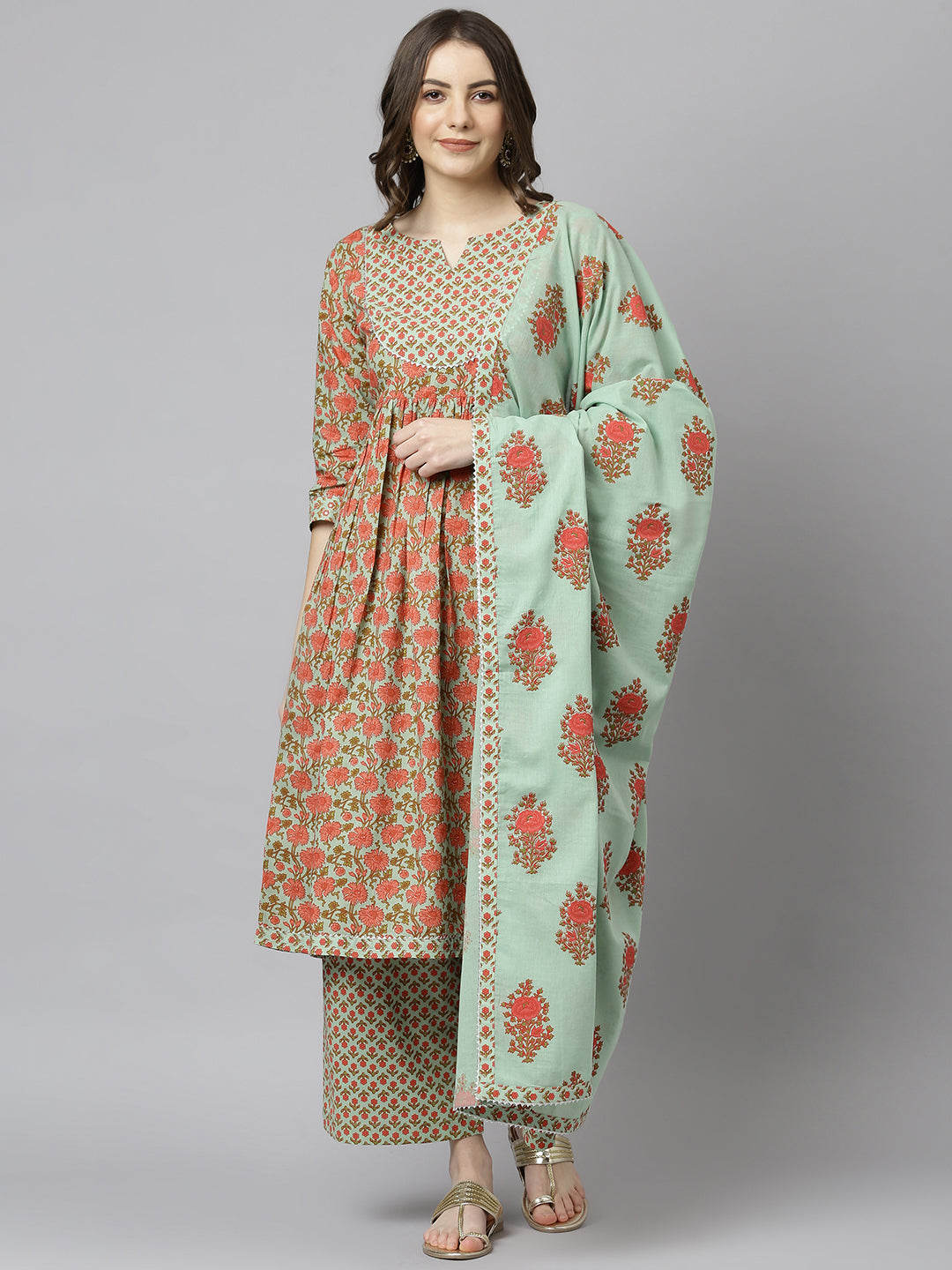 Janasya Women's Light Green Cotton Floral Print Kurta With Palazzo And Dupatta - Distacart