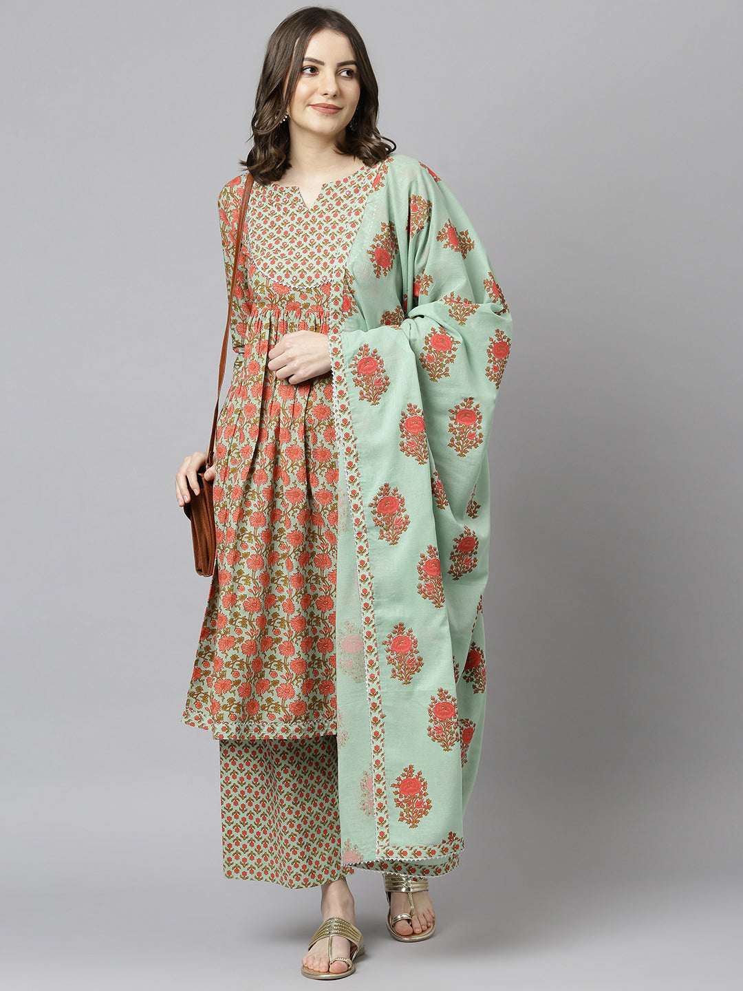 Janasya Women's Light Green Cotton Floral Print Kurta With Palazzo And Dupatta - Distacart