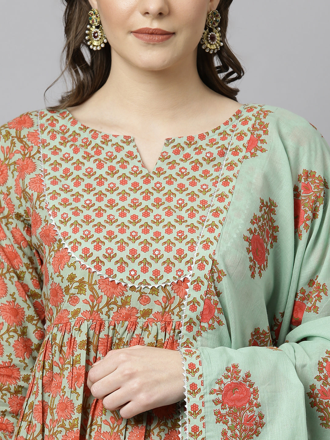Janasya Women's Light Green Cotton Floral Print Kurta With Palazzo And Dupatta - Distacart